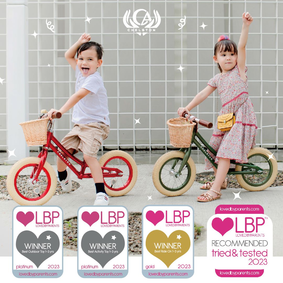 Chelston bikes - Mini Dutch 復古滑步車-復古紅-滑步車 x 1 , 手工編織竹籃 x 1 , 麻料內襯  x 1 , 3 歲以下專用ABS氣嘴蓋 x 1