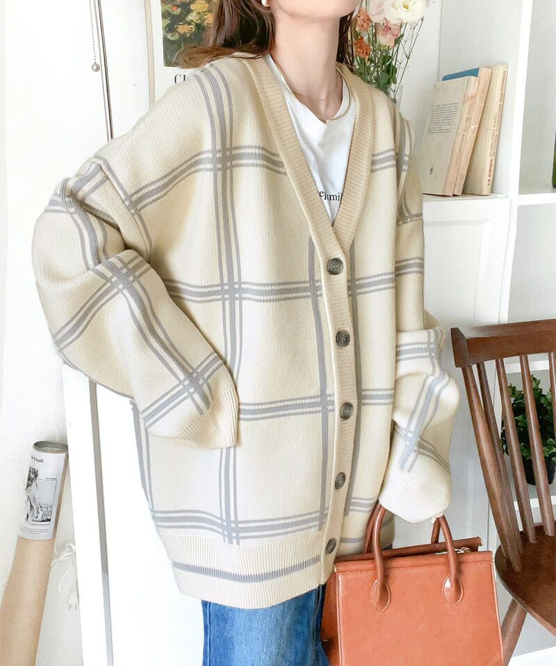 日本 Classical Elf - 歐風大格紋落肩針織外套-淺灰