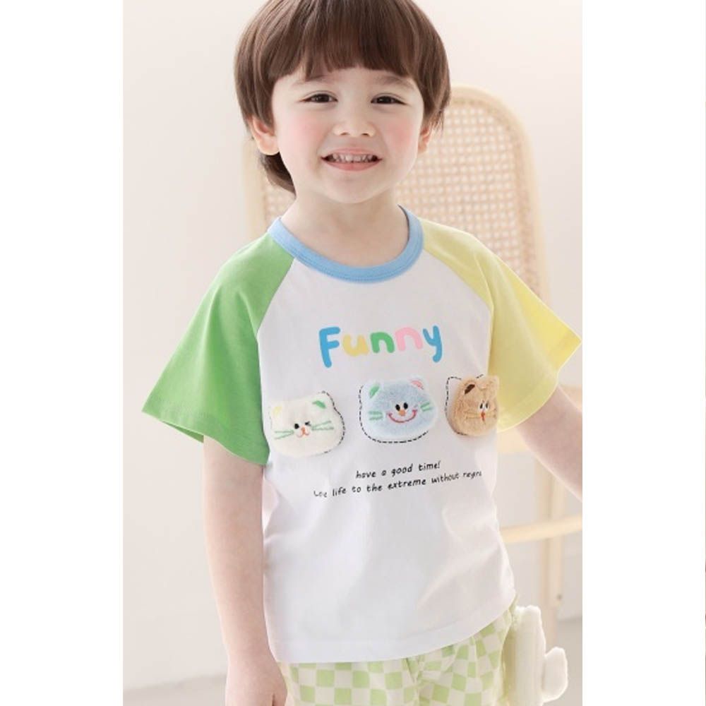 立體毛絨貓咪撞色短袖上衣-綠X黃