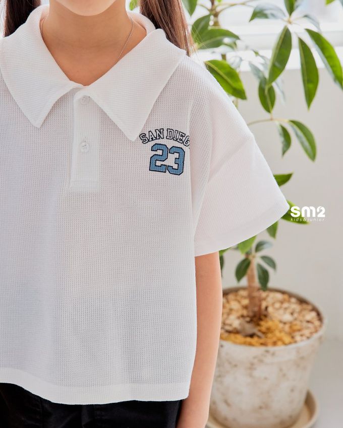 韓國 sm2 - 鬆餅紋數字印翻領短袖上衣-天藍