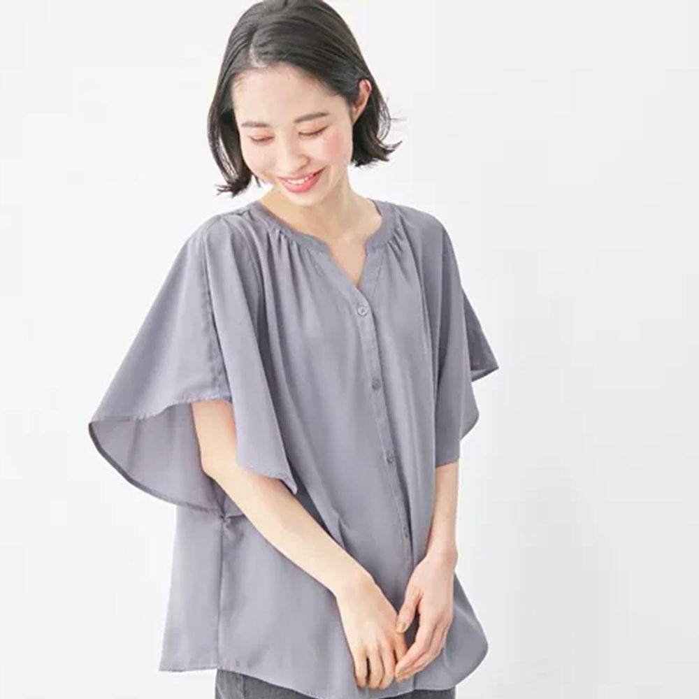 日本 BELLUNA - 小V領大荷葉衣袖短袖雪紡襯衫-紫藍