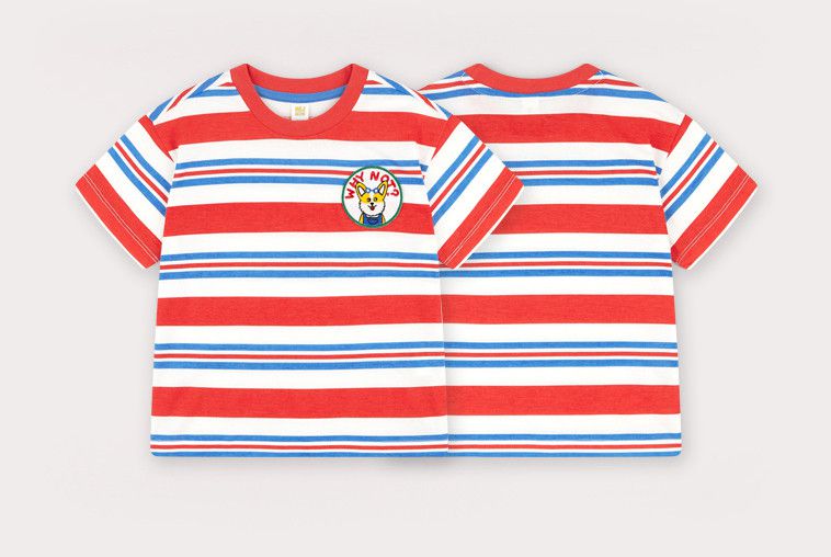 韓國 HEJMINI - 柴犬徽章條紋相間T-紅