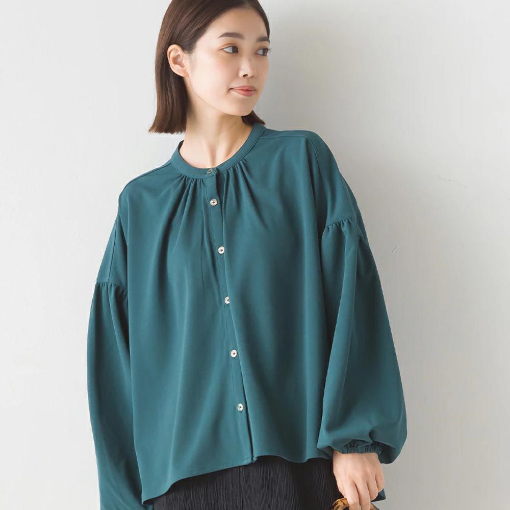 日本 OMNES - 梨地質感細緻雪紡長袖襯衫-墨綠
