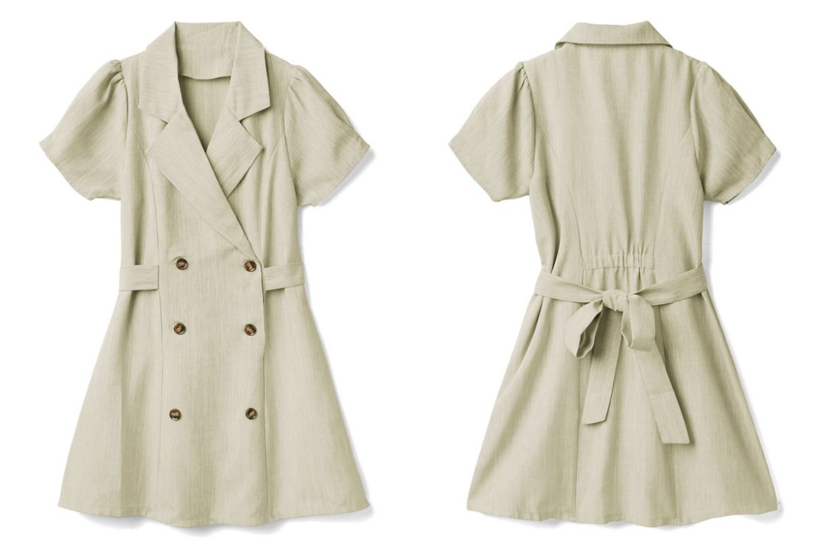 日本 GRL - 知性翻領雙排釦風衣綁帶洋裝-氣質米