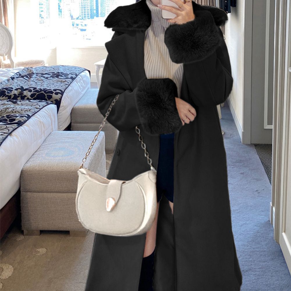 奢華修身附綁帶長版大衣外套(毛領/毛袖可拆)-黑