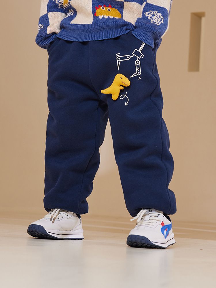 加絨腰鬆緊休閒保暖束口長褲-夾娃娃機恐龍-深藍色