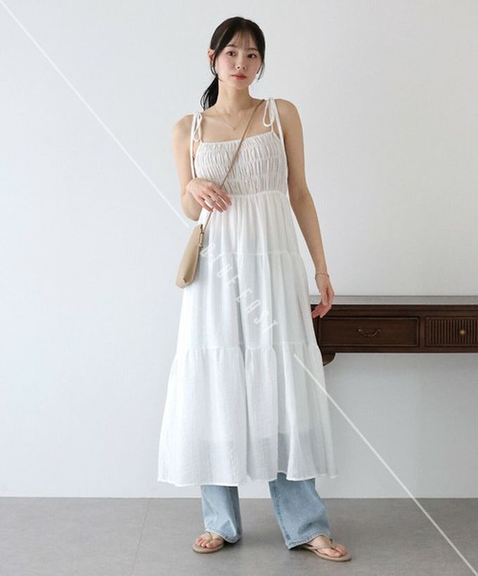 日本 BLUE EAST - 清爽透膚感皺摺綁帶分層洋裝-灰