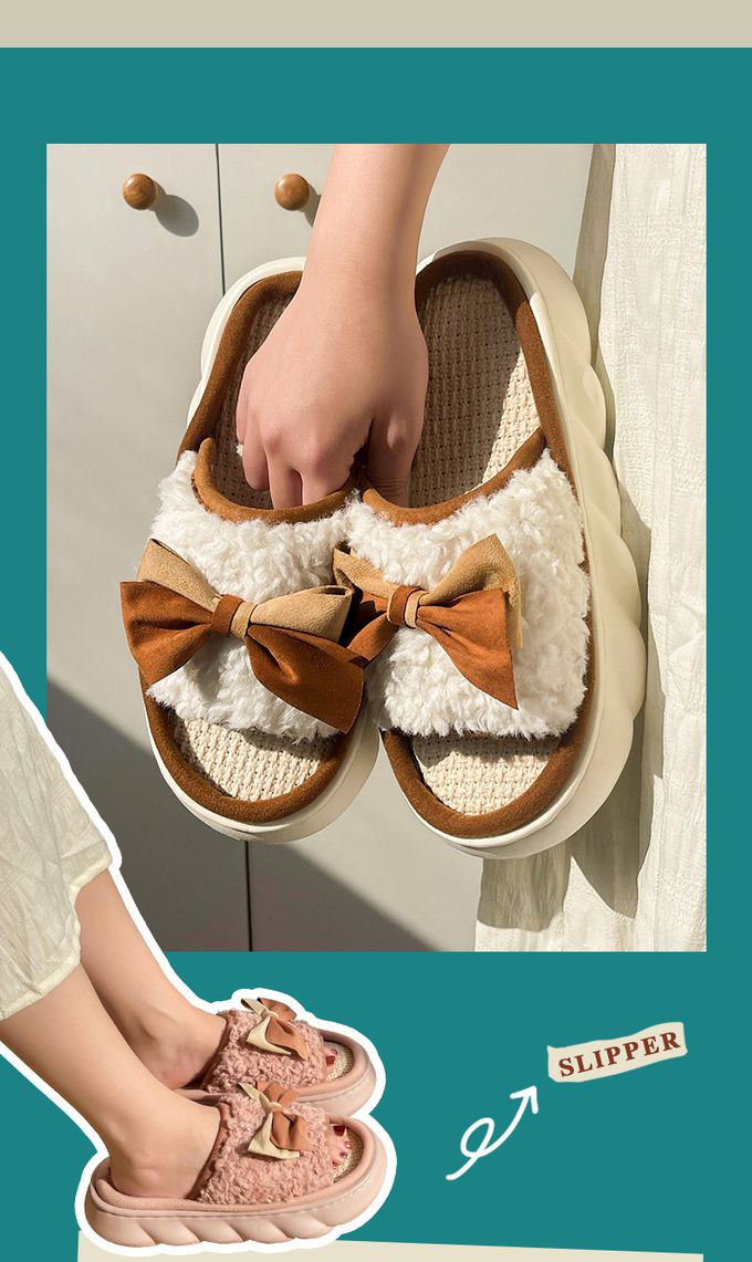 厚底海綿感亞麻室內拖鞋-英文字母-咖啡色