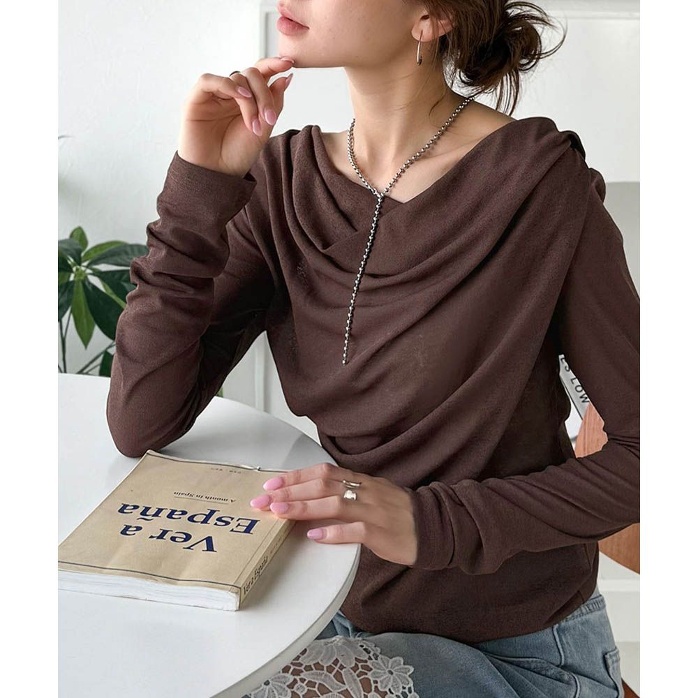 柔美皺摺顯瘦V領薄長袖上衣-咖啡