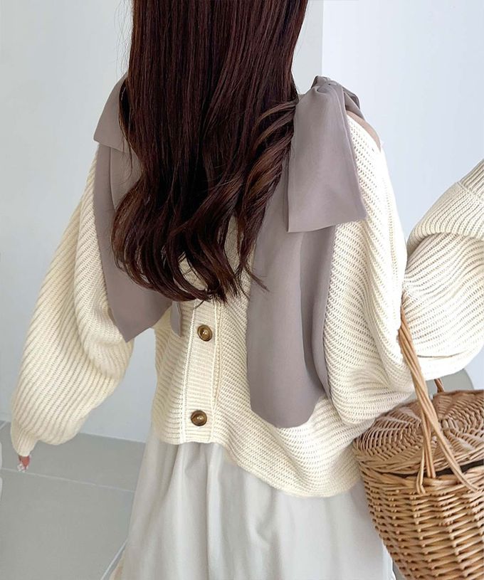 日本 Classical Elf - mily bilet 露肩甜美大蝴蝶結羅紋開襟衫-藕粉