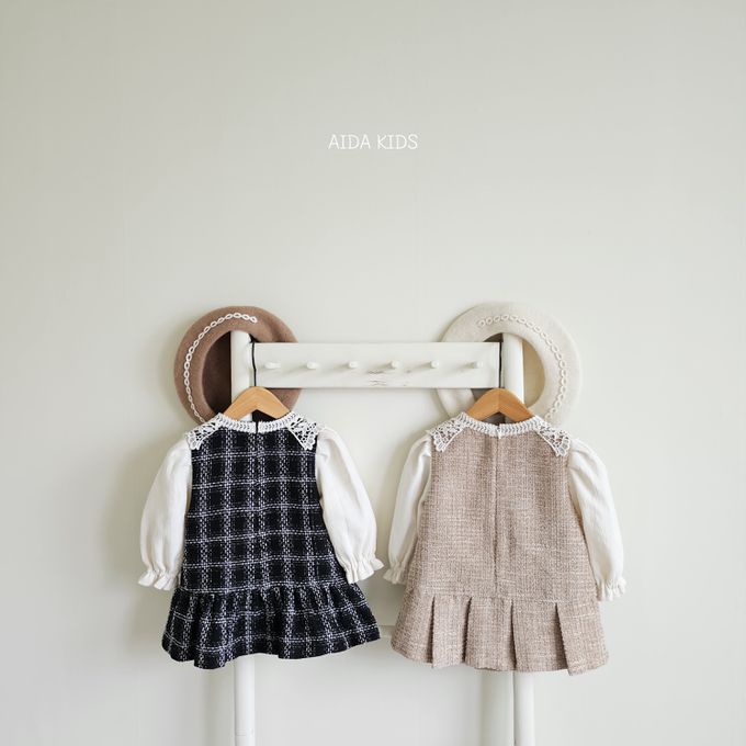 韓國 AIDA - 鏤空雕花編織拼接長袖洋裝-奶茶