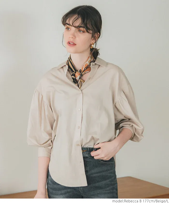 日本 COCA - 翻領寬鬆氣球袖襯衫-米杏