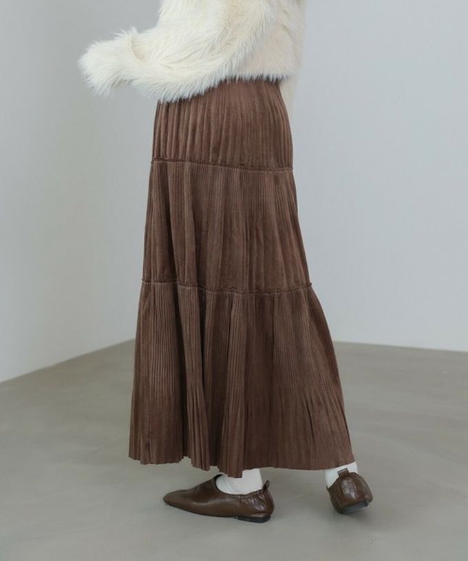 日本 Bab - 飄逸感絲滑絨面細摺長裙-卡其棕
