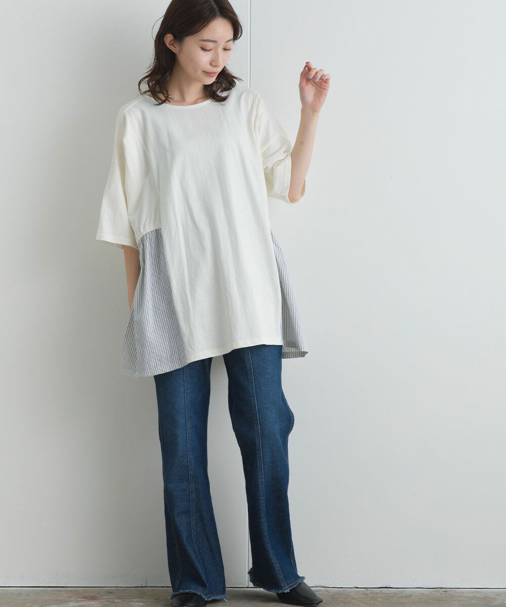 日本女裝代購 - 16支天竺棉拼接五分袖上衣-米白