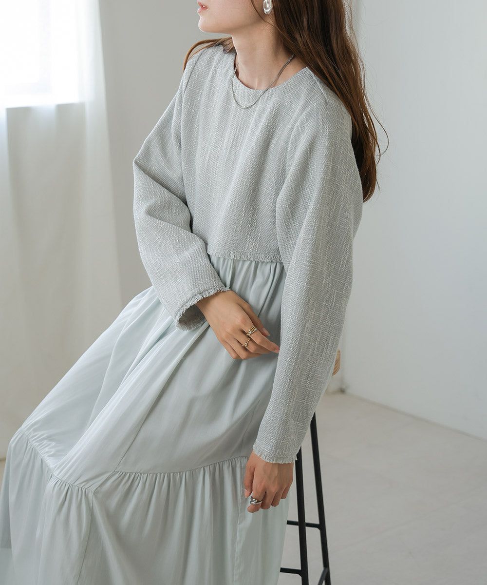 日本 Bab - 仙氣花呢異材質拼接長袖洋裝-黑