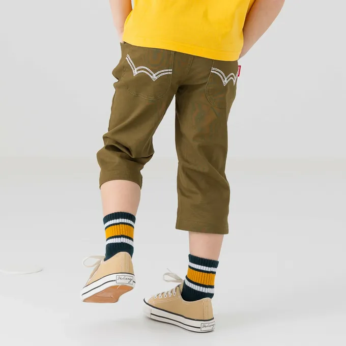 日本 Chil2 - EDWIN聯名 鬆緊彈力七分褲-logo口袋-淺卡其