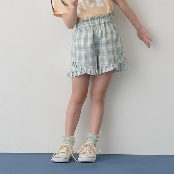 日本 Lycee mine - 可愛滿點荷葉摺邊短褲-格紋-草綠