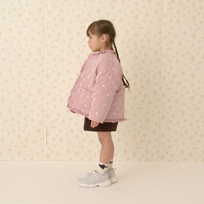 日本 Lycee mine - 滿版愛心荷葉皺褶內刷毛鋪棉外套-米白