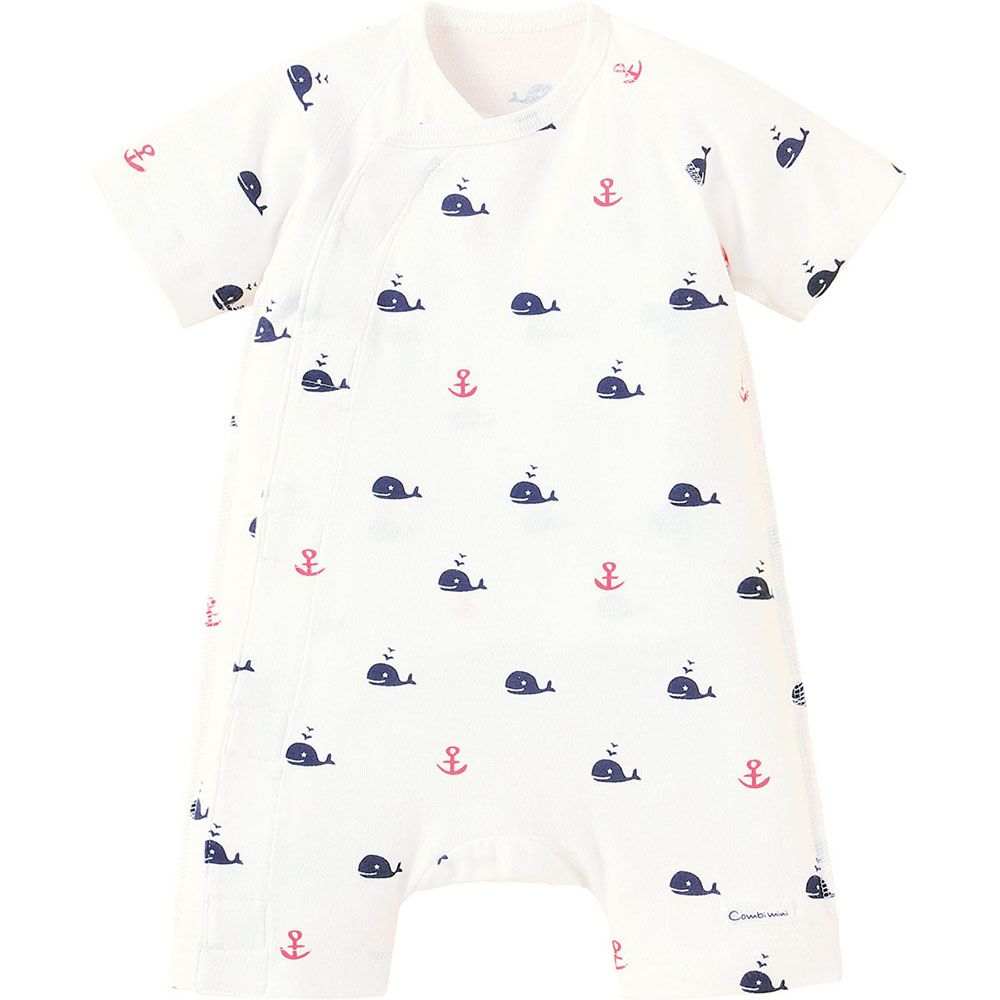 日本 Combi - mini系列-短袖連身衣-鯨魚/白 (60-70)