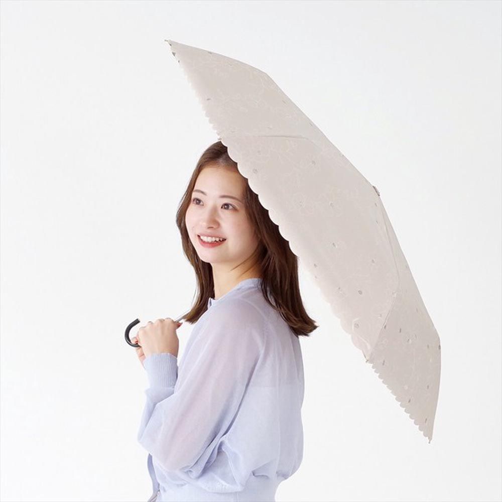 日本 nifty colors - 99.9%抗UV 晴雨兩用折疊傘(遮熱遮光)-線條花朵-卡其 (直徑90cm/216g)