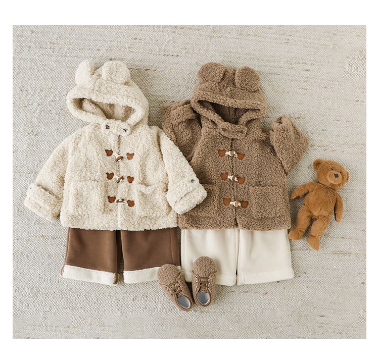 TONGMO - 立體造型羊羔絨牛角釦連帽外套-熊耳朵-米色