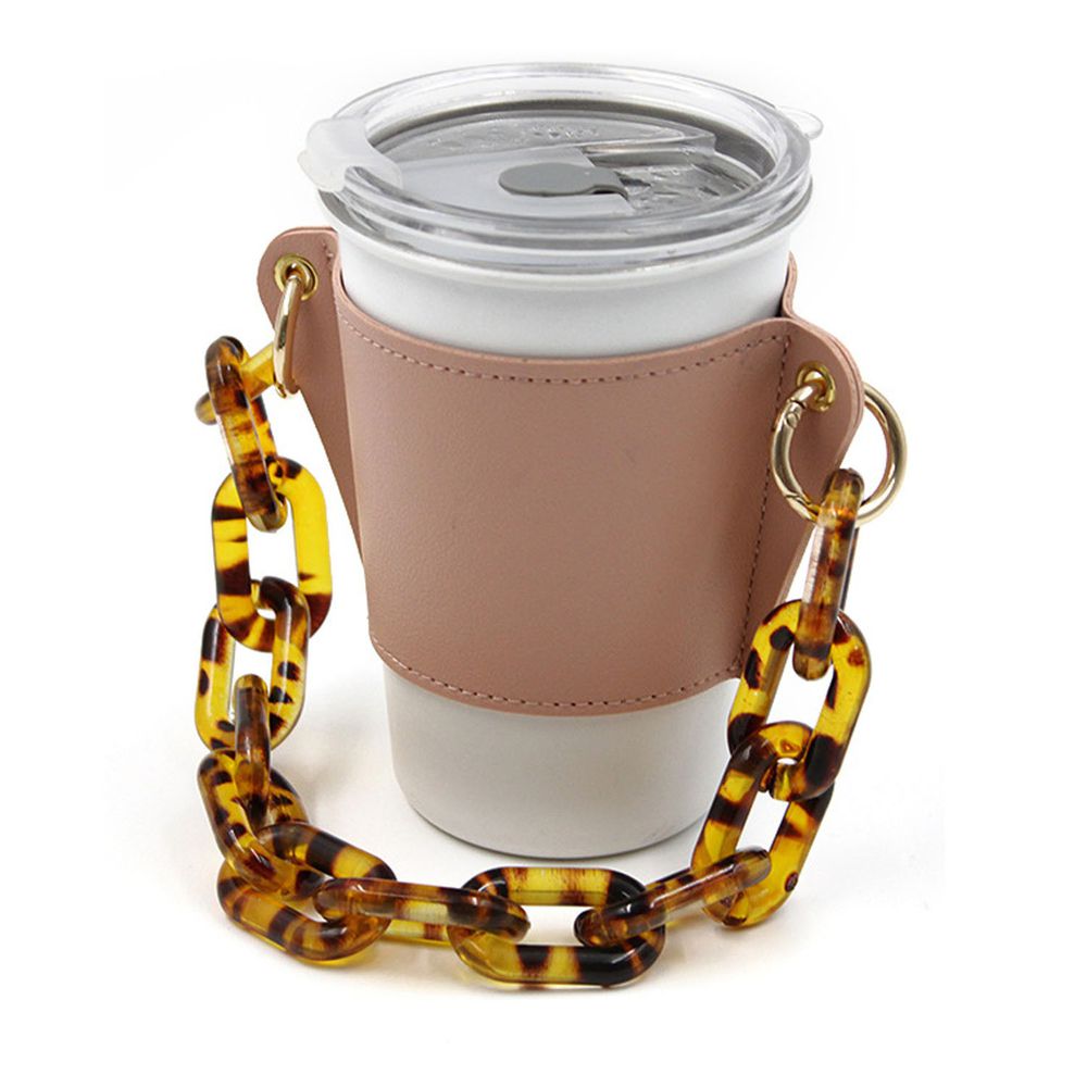 時尚手鏈咖啡皮質杯套-琥珀鏈+粉色杯套