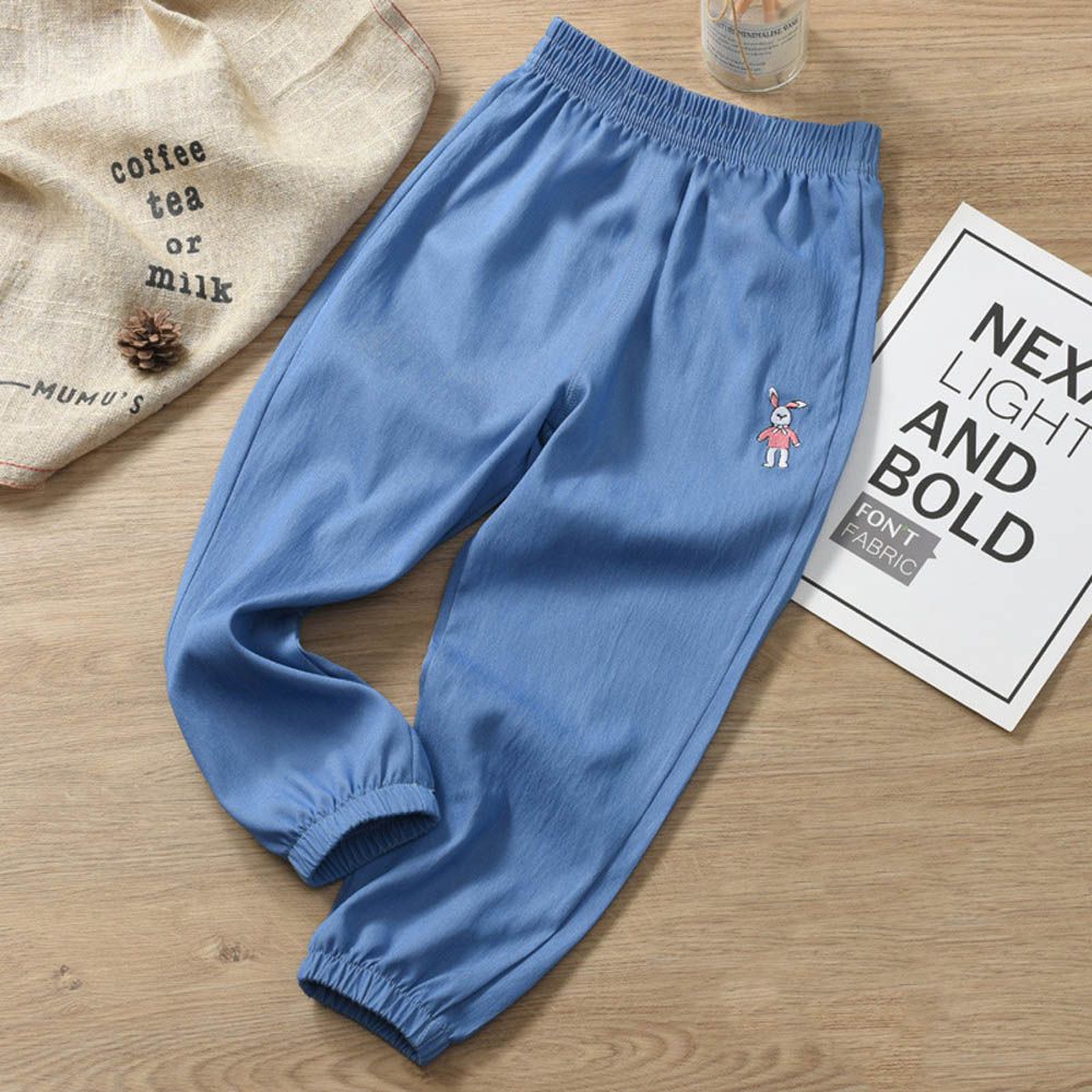 冰絲牛仔涼感防蚊褲-刺繡小兔-牛仔藍