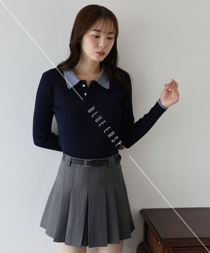 日本 BLUE EAST - 撞色雙層領針織polo長袖上衣-深灰x粉紅 (M)