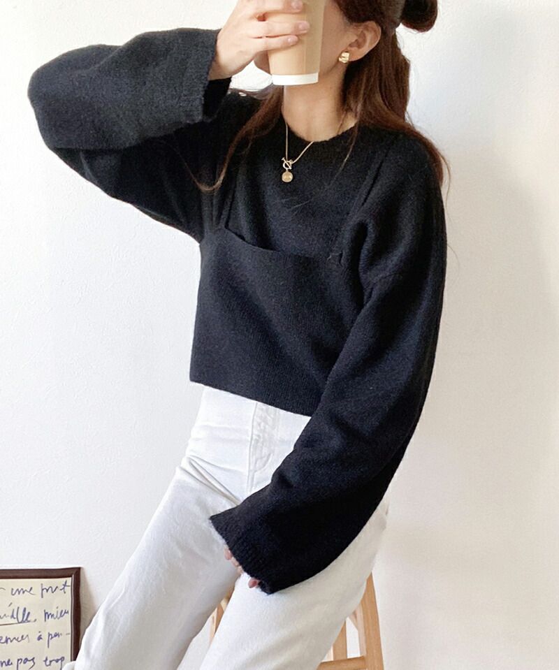 日本 Classical Elf - 二件式針織修身長版上衣+細肩背心-可可卡其