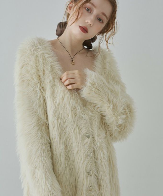 日本 Bab - 奢華毛海愛心扣前後2way開襟衫-長版-淺灰