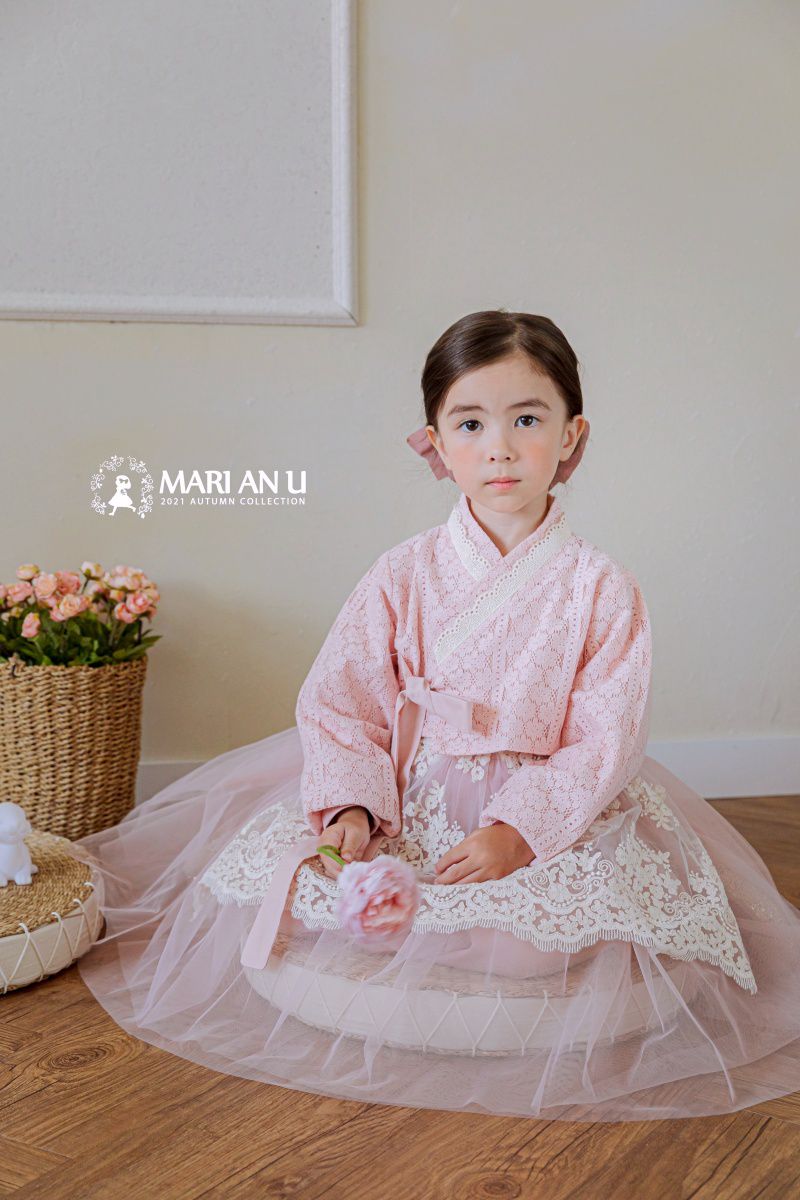 韓國 Mari an u - 透膚蕾絲裝飾網紗韓服-粉紅