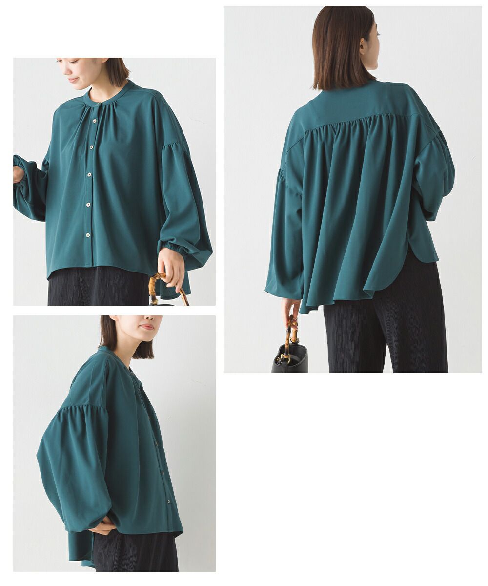 日本 OMNES - 梨地質感細緻雪紡長袖襯衫-黑