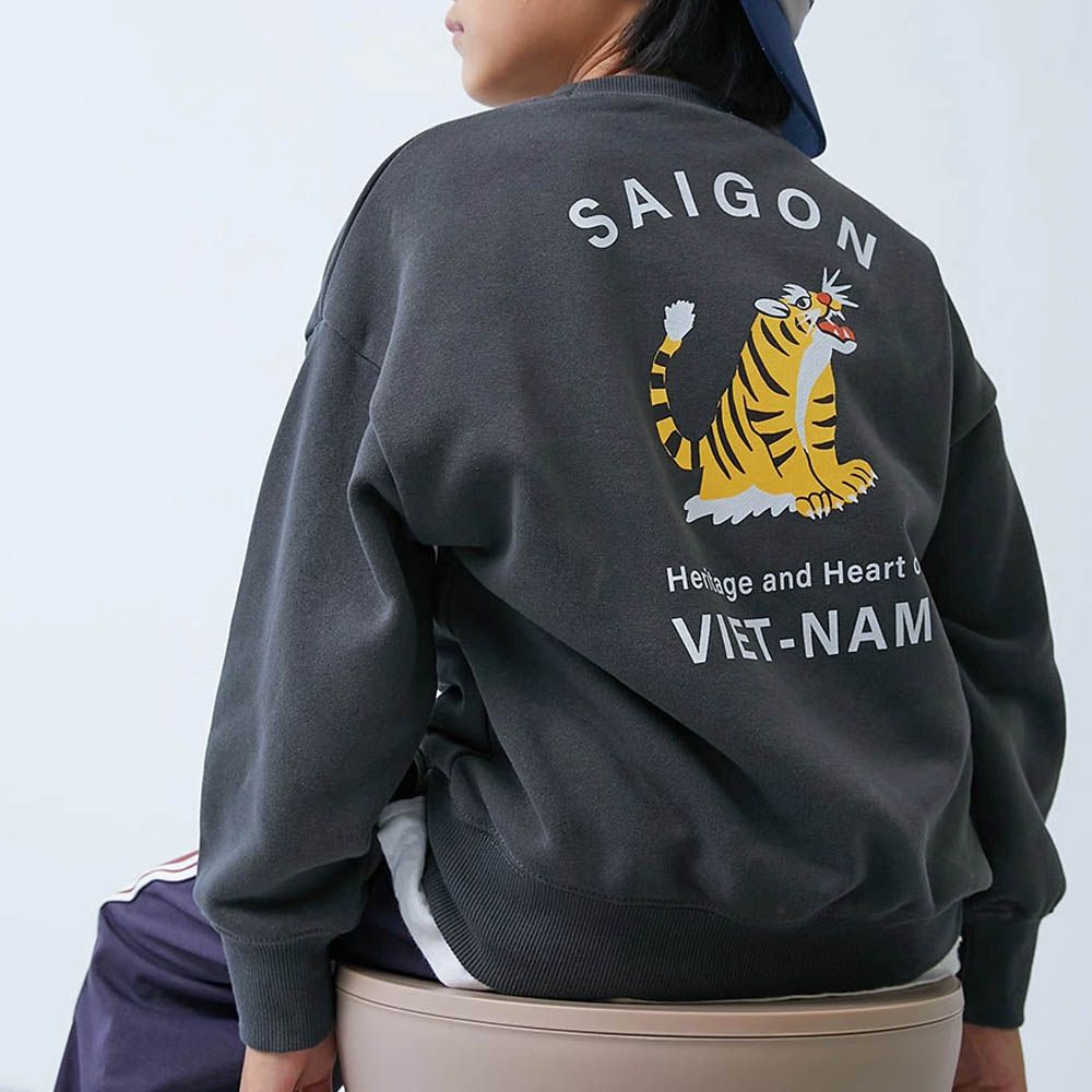 熱銷定番 印花縮口長袖上衣-老虎-灰黑