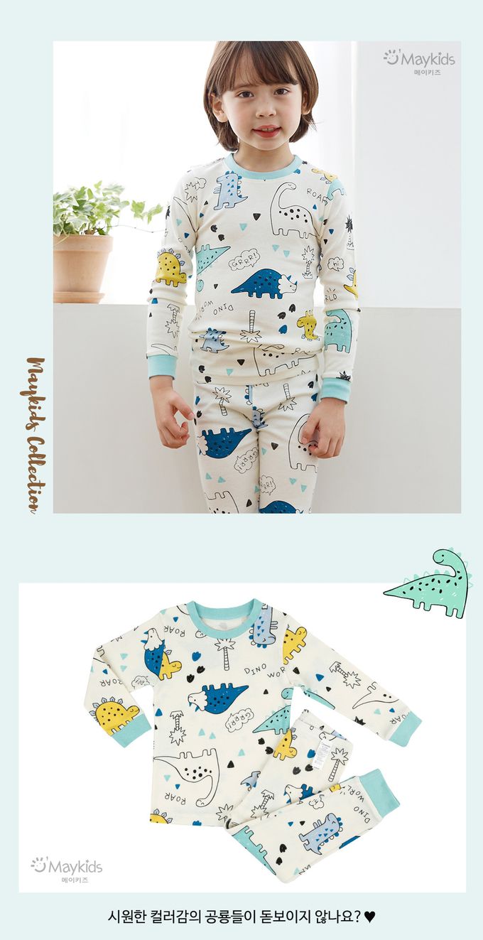韓國 Maykids - 無螢光30支棉長袖家居服-卡通恐龍樂園-米