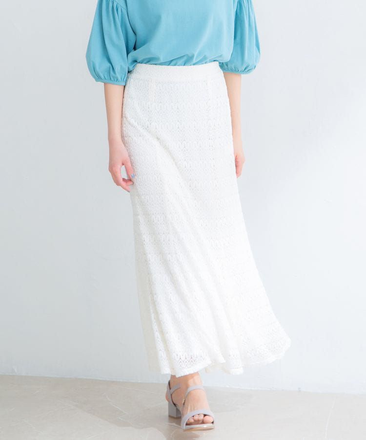 日本 Honeys - 蕾絲雕花魚尾長裙-米