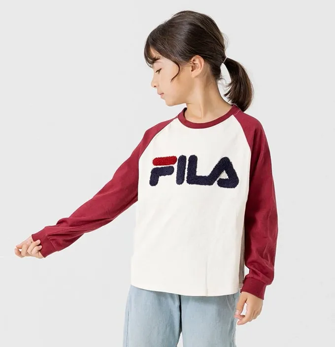 日本 Chil2 - FILA聯名 品牌刺繡長袖上衣-袖子撞色-白X粉紅