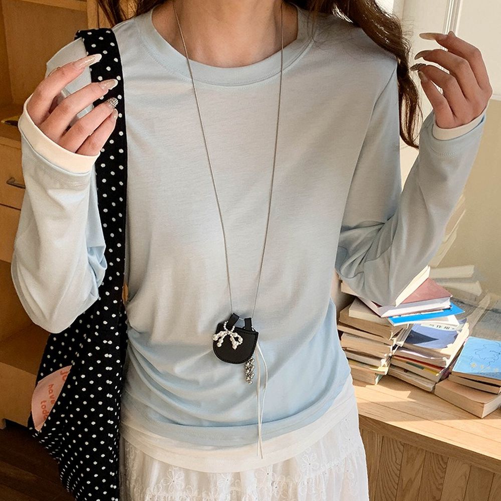 親膚彈力抓褶感假兩件長袖上衣-淺藍 (F)