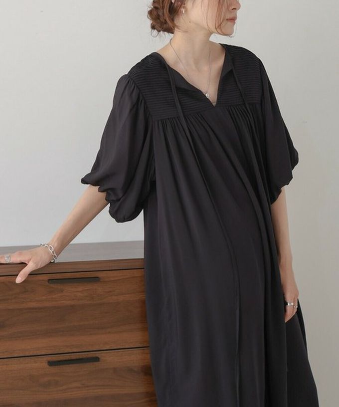 日本 Bab - 領口休閒綁帶泡泡短袖洋裝-經典黑 (M)