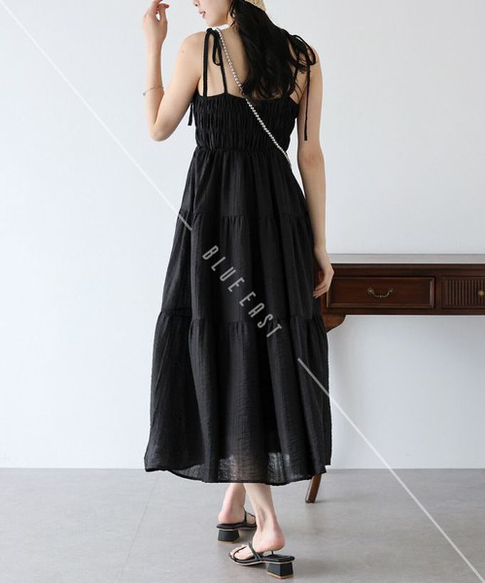 日本 BLUE EAST - 清爽透膚感皺摺綁帶分層洋裝-灰