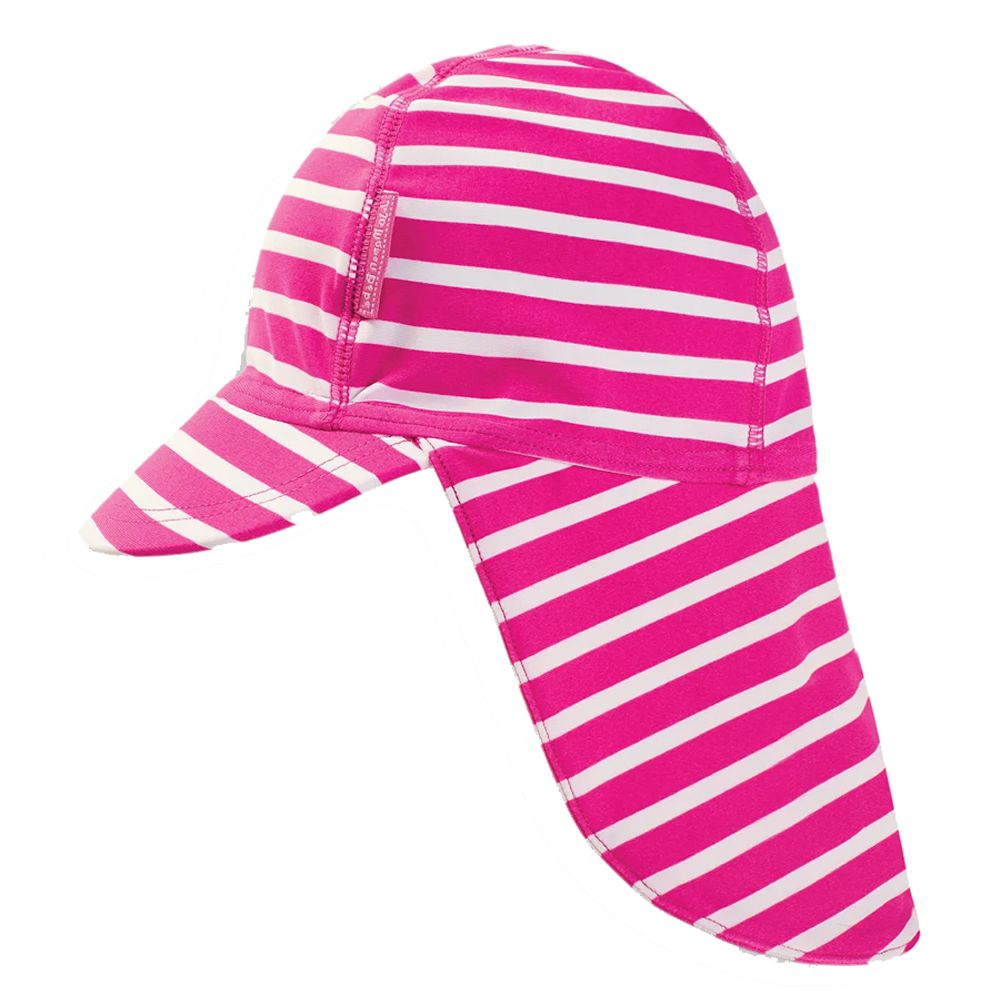 英國 JoJo Maman BeBe - 嬰幼兒/兒童泳裝戲水UPF50+防曬護頸遮陽帽-桃紅條紋