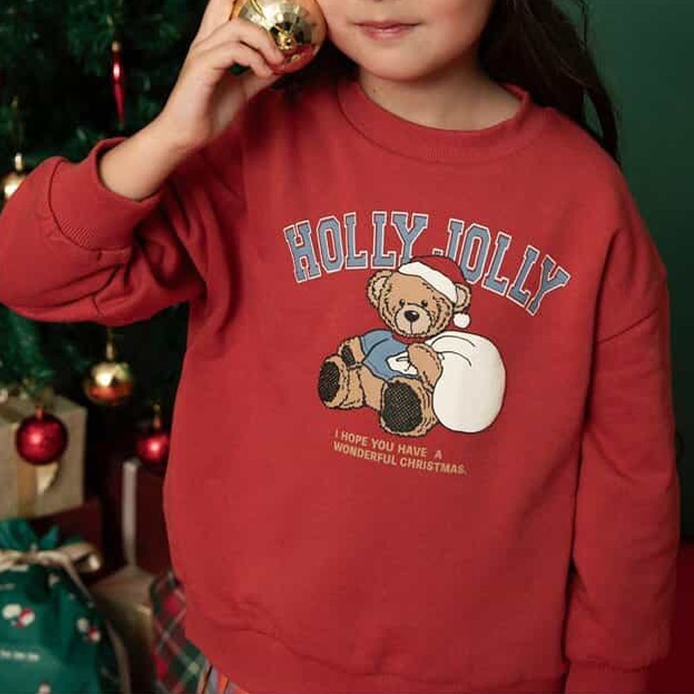 [聖誕限定]純棉裏毛印花長袖上衣-紅