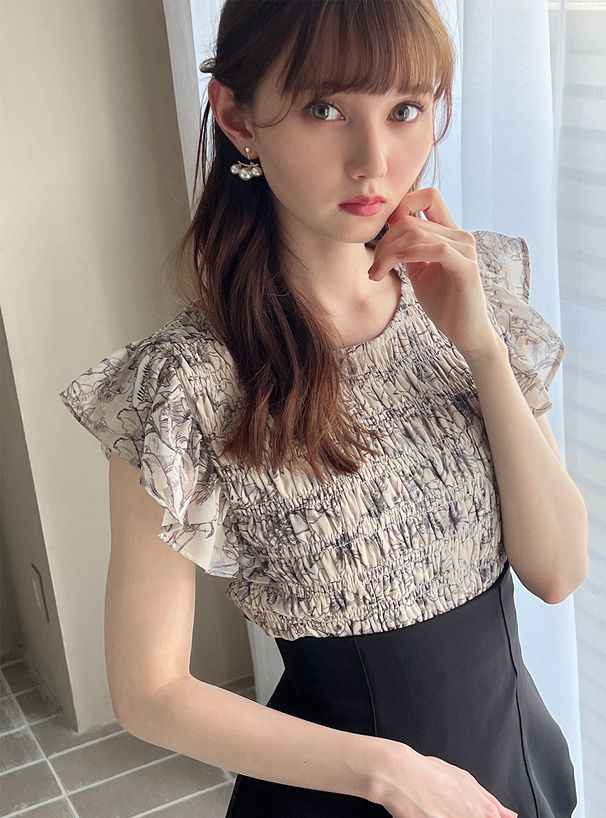 日本 GRL - 甜美碎花雪紡飛飛袖上衣-淺卡其 (F)