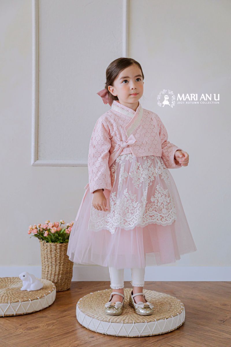 韓國 Mari an u - 透膚蕾絲裝飾網紗韓服-粉紅