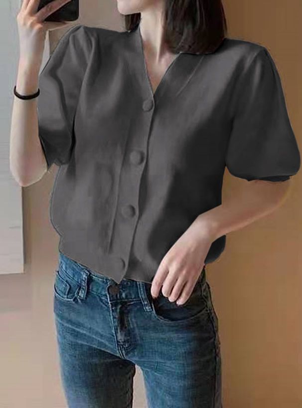 日本 GRL - 復古大圓釦V領五分袖針織上衣-焦糖棕