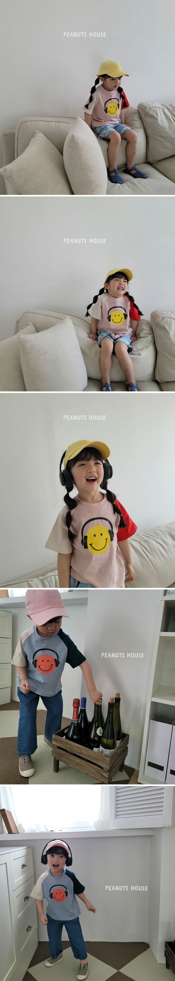 韓國 Peanuts House - 純棉拼色圓領短袖上衣-笑臉耳機-米X藍X墨綠