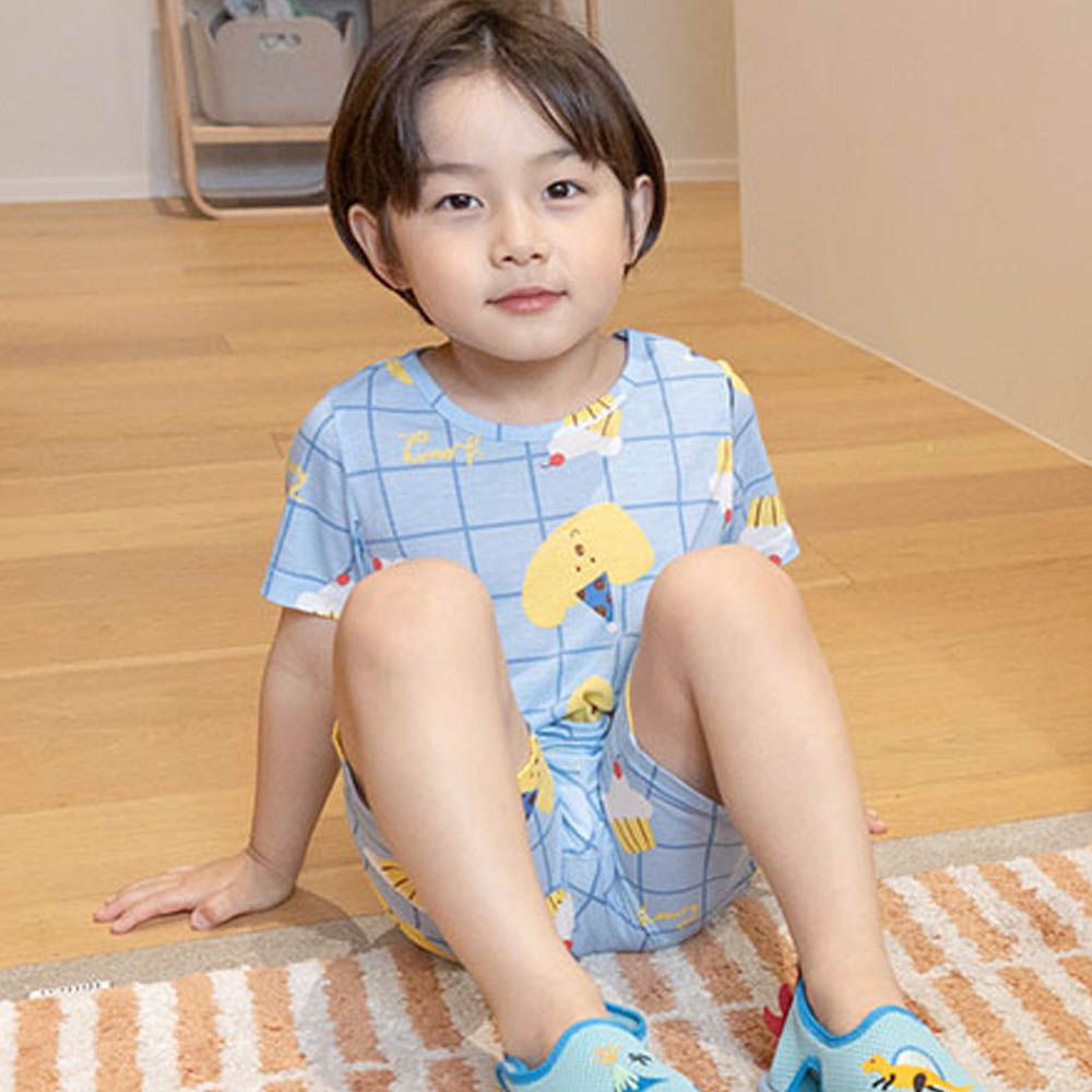 輕透涼感嫘縈短袖家居服-格紋慶生蛋糕-藍