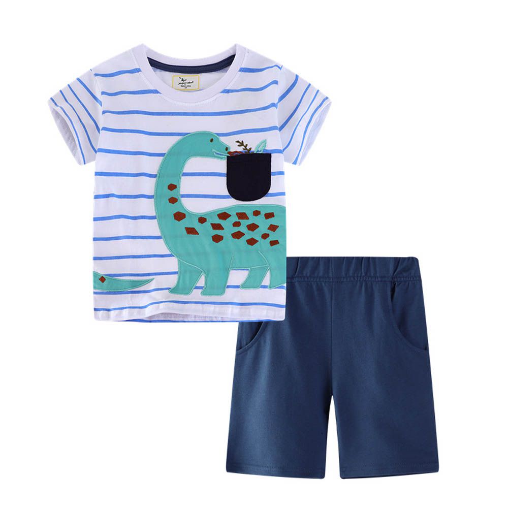棉質圓領短袖上衣+短褲套裝-恐龍吃草-藍條x藏青