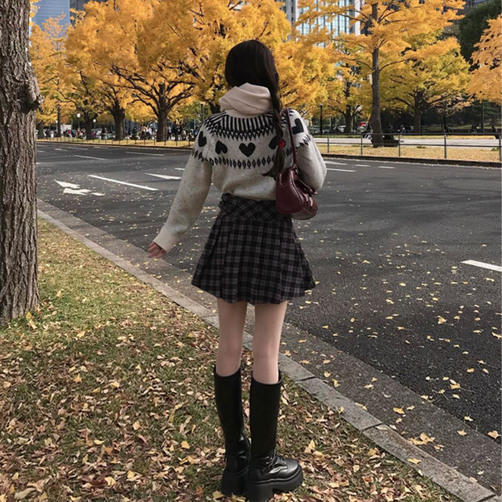 季節感格紋側腰帶百褶短裙(內有襯褲)-咖啡