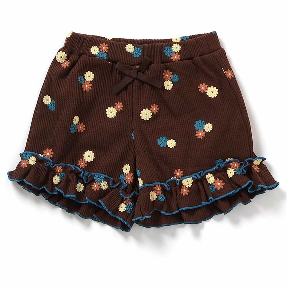 華夫格QQ荷葉短褲-小花-咖啡