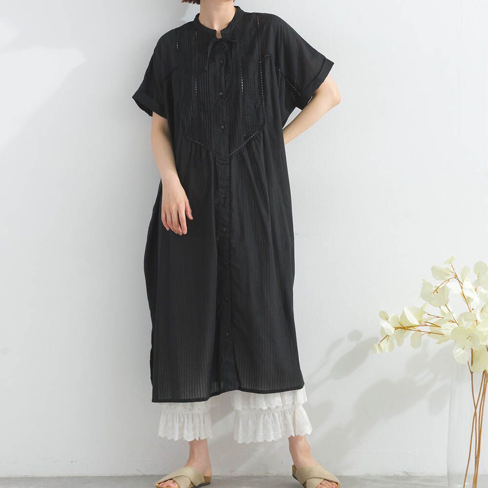 100%印度棉 細緻鏤空蝴蝶結短袖洋裝-黑